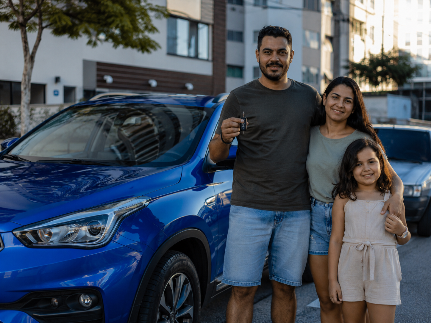 Família feliz com a chave do carro novo
