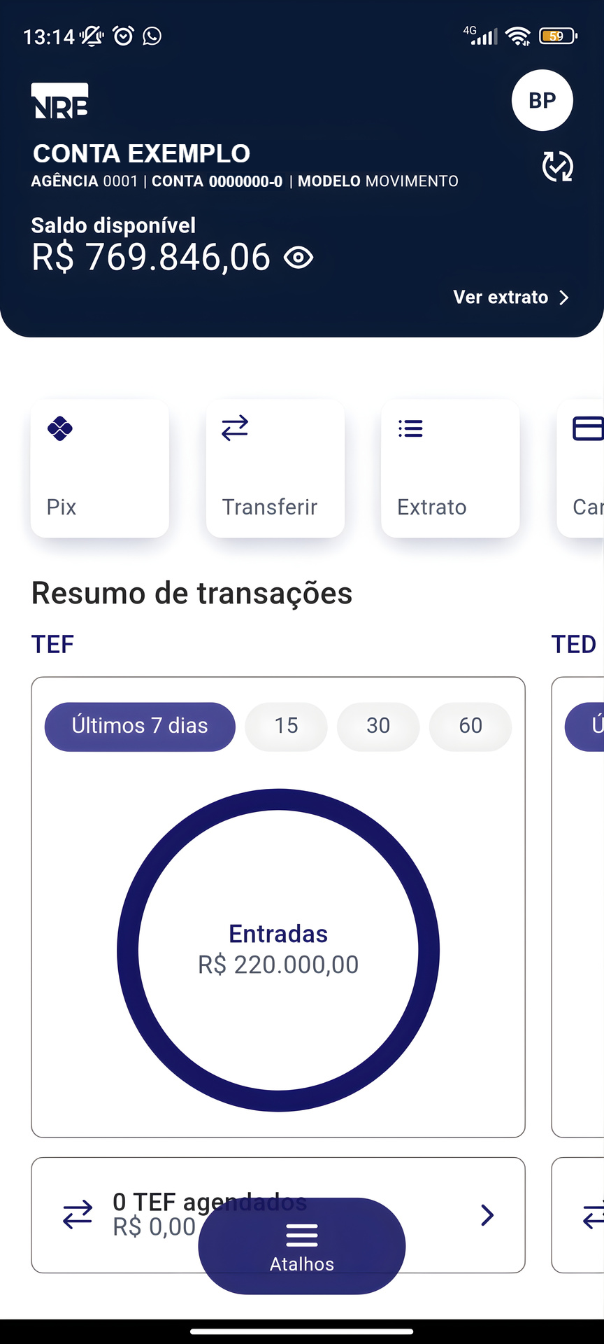 App NRB no celular — visão de saldo, PIX e dashboard
