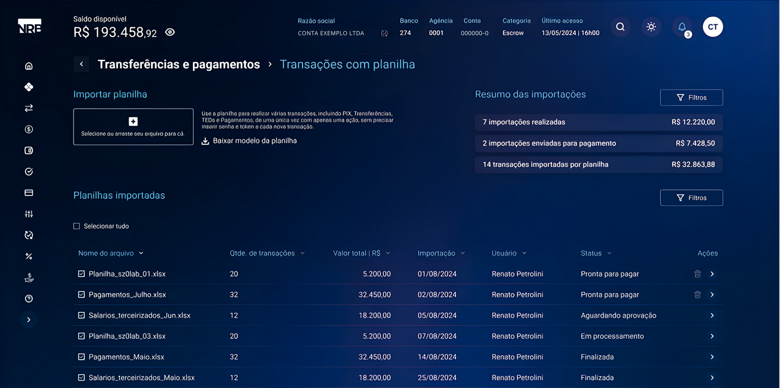 Tela de transferência por planilha — pagamentos em lote