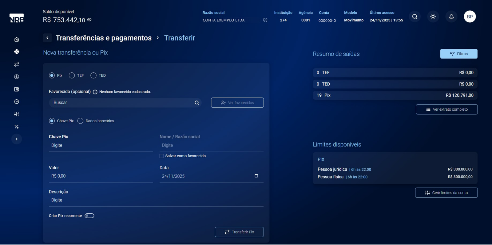 Tela de funções transacionais — PIX, TED, transferências