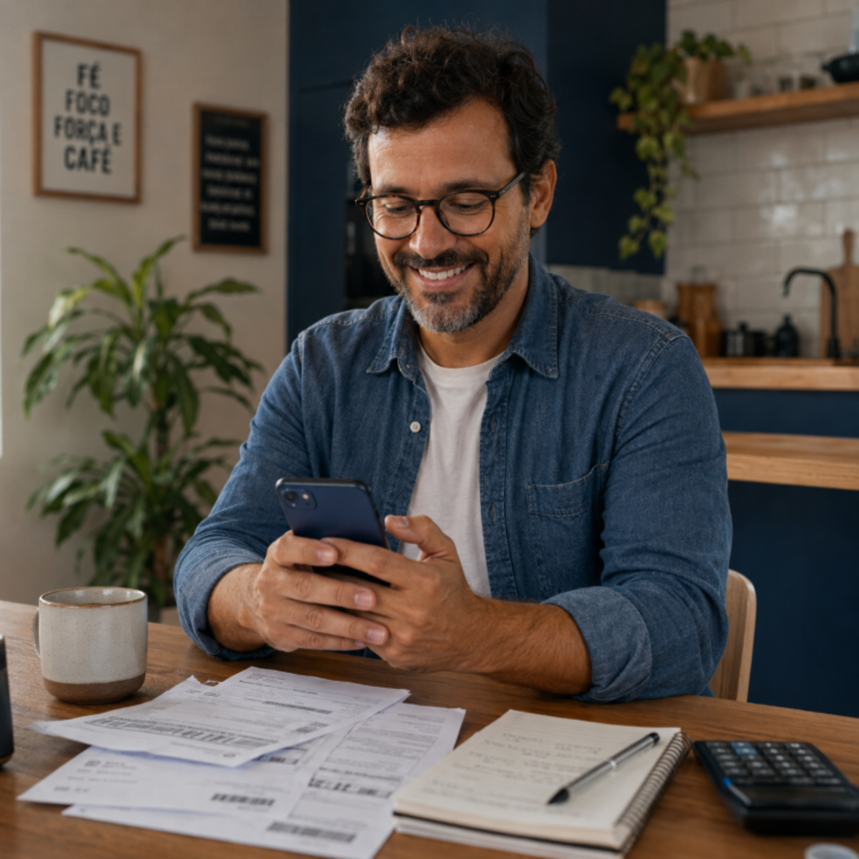 Homem consultando a conta pelo app em casa