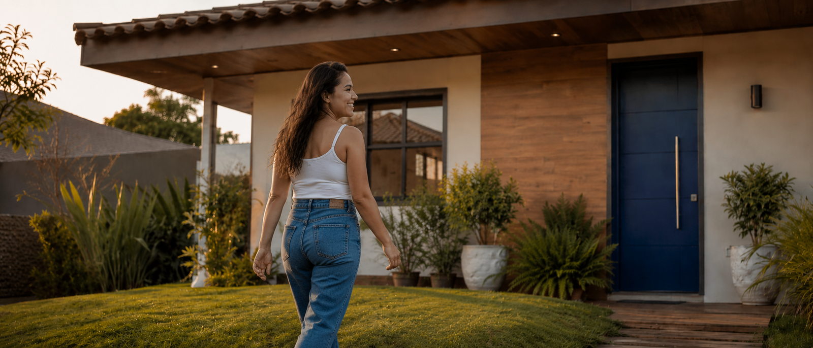 Mulher caminhando em frente à casa nova