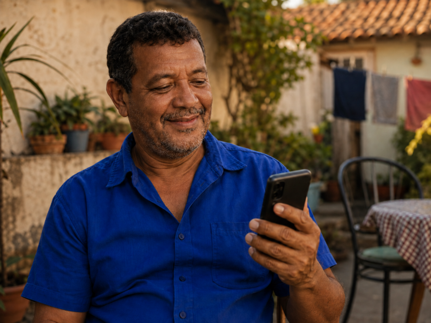 Trabalhador consultando crédito pelo celular em casa