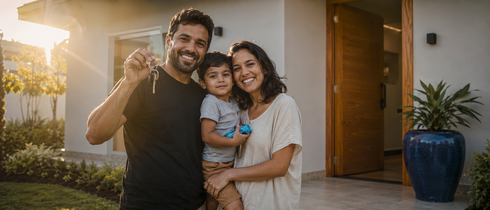 Família com chaves do novo imóvel