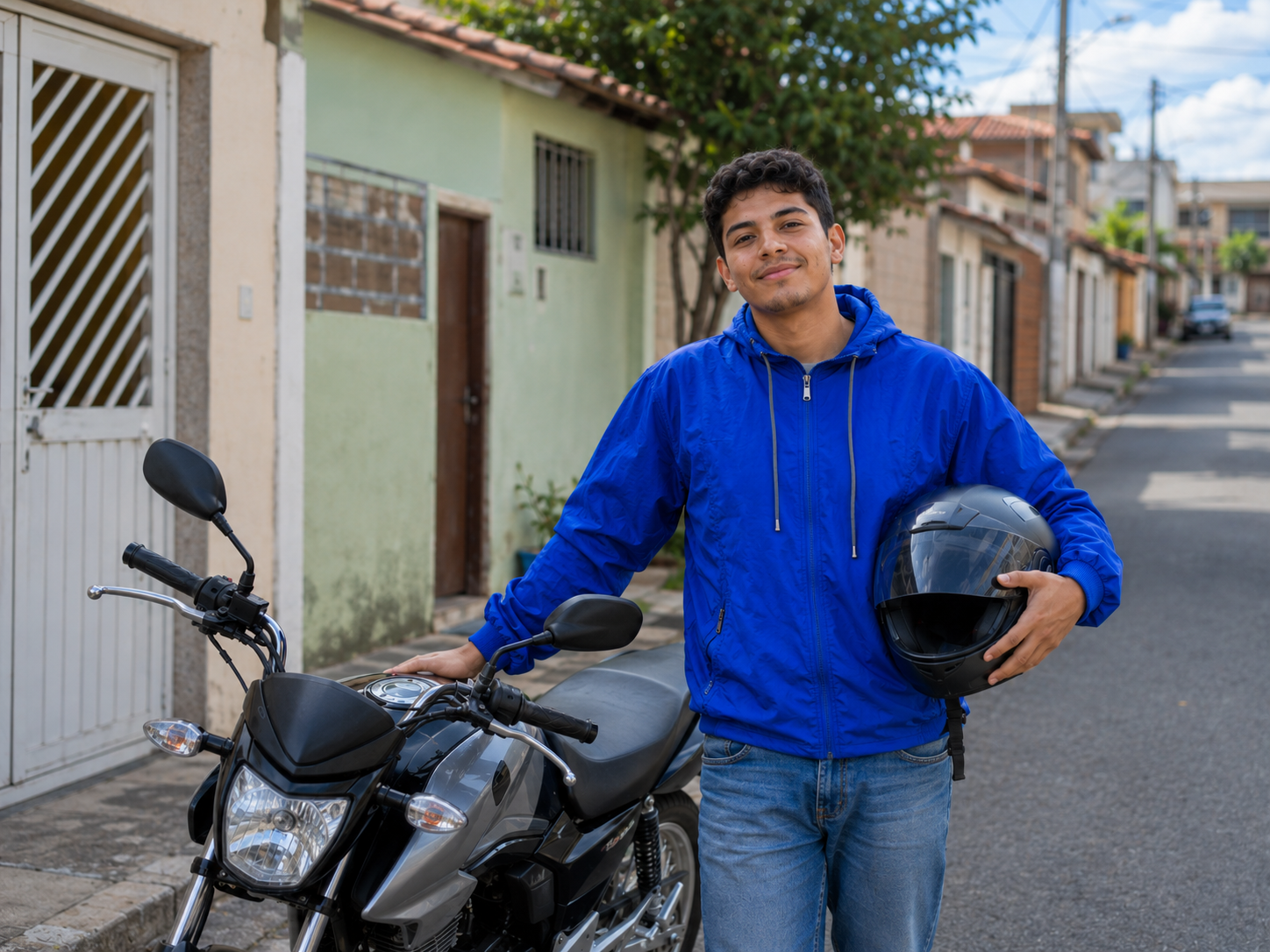 Motociclista com a moto na rua